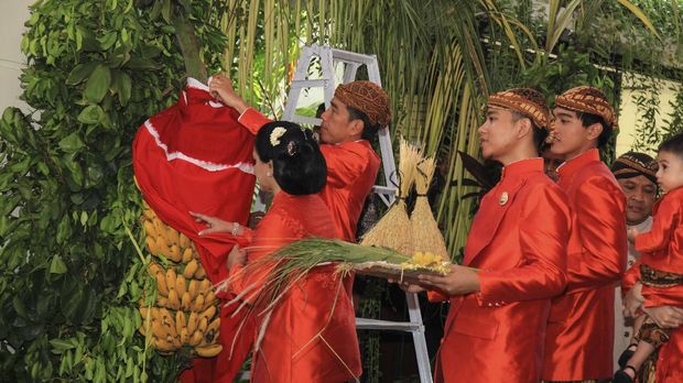 Presiden Joko Widodo (kedua kiri) disaksikan Ibu Negara Iriana Joko Widodo (kiri) dan putranya, Gibran Rakabuming Raka (ketiga kiri) dan Kaesang Pangarep (ketiga kanan) untuk membuka tuwuhan dan memasang 